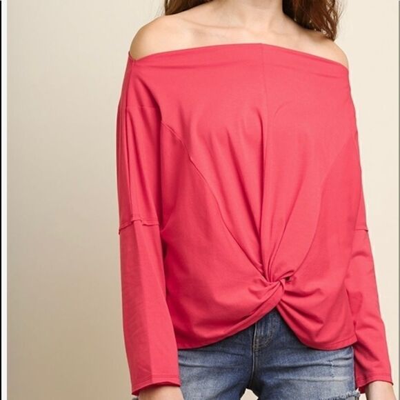 LONG Sleeve Off Shoulder Top with Center Waist Knot and Scoop Hem-Strawberry - Picture 1 of 2